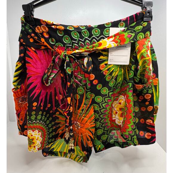 Junglee Billee Boho Black Multicolor Embroidered Shorts w/ Beaded Tie - Picture 6 of 10